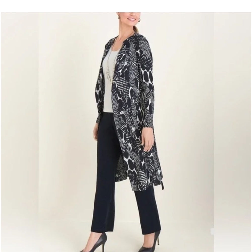 Chico's Travelers Pleated Printed‎ Navy White Duster Jacket Size 16/18